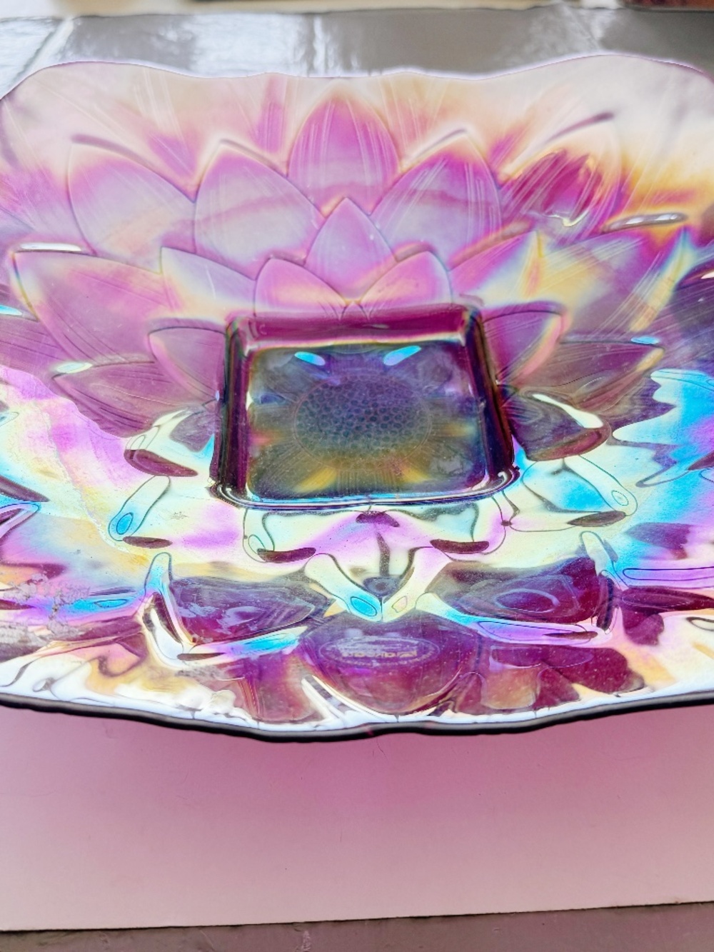 Large 12" AKCAM Turkey Iridescent Purple Art Glass Floral Catchall Plate Dish